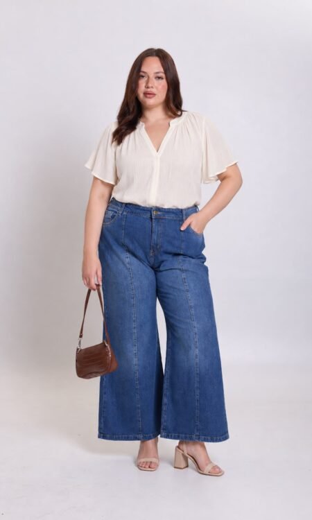 Wide leg rigido clasico azul con alforza - Lavinia