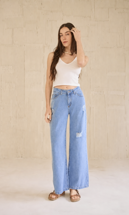 Wide leg rígido tiro alto con roturas - Sara